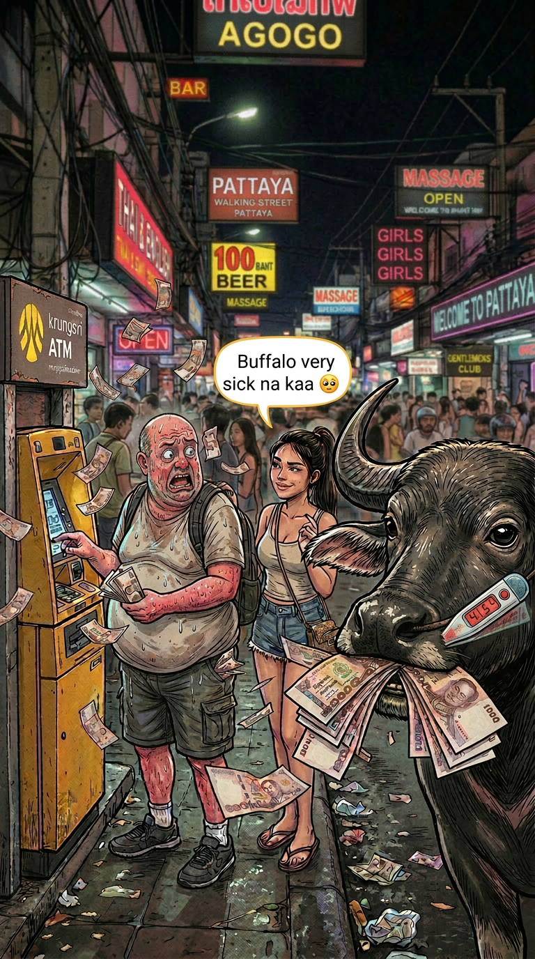 Pattaya buffalo meme with ATM, worried tourist, Thai woman, buffalo, and money flying on a nightlife street